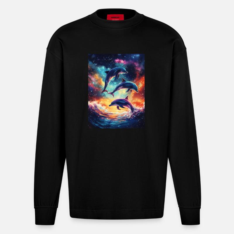 Bunte Delfine Galaxy - Heavyweight Oversized Organic Langarmshirt Made in EU - SOLID BLACK