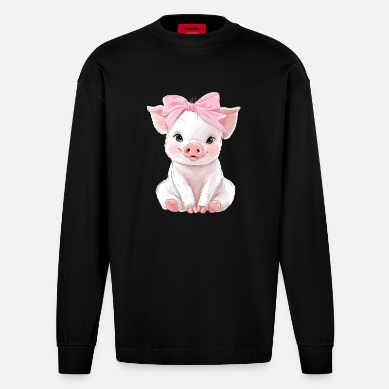 Mignon bébé cochon noeud - Manches longues bio épais oversize fabriqué en UE - SOLID BLACK