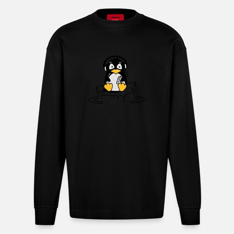 Cooler Pinguin mit Kopfhörern auf Eis - Heavyweight Oversized Organic Langarmshirt Made in EU - SOLID BLACK