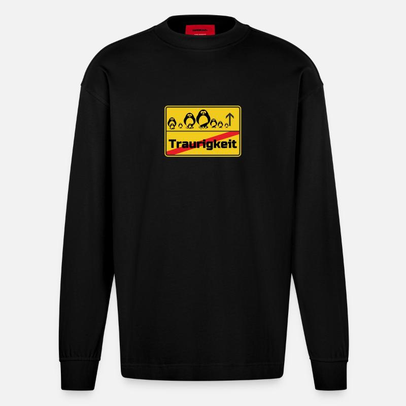 Ortsschild Pinguine Geschenk - Heavyweight Oversized Organic Langarmshirt Made in EU - SOLID BLACK
