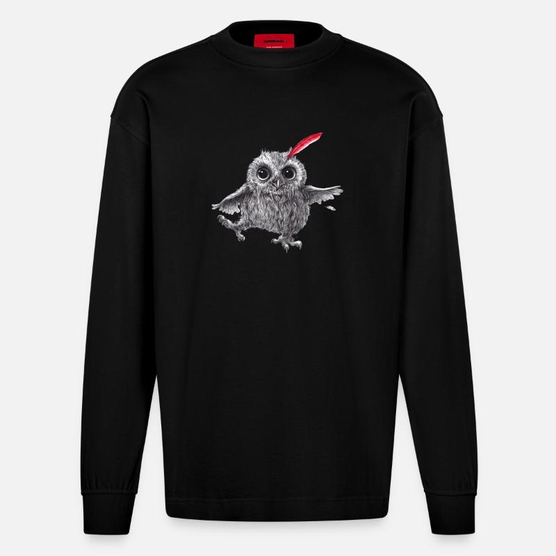 Chief Red - Glückliche Eule - Heavyweight Oversized Organic Langarmshirt Made in EU - SOLID BLACK