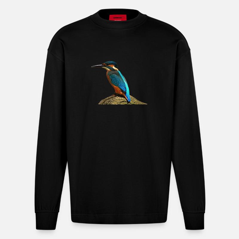 coole vögel, fischendes Eisvogel männchen - Heavyweight Oversized Organic Langarmshirt Made in EU - SOLID BLACK