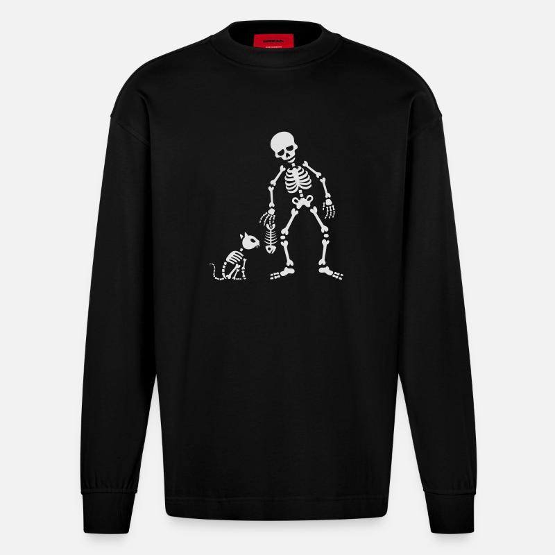 Cat likes fish bone skeleton - Manches longues bio épais oversize fabriqué en UE - SOLID BLACK