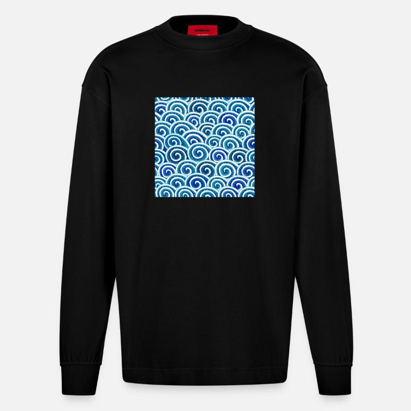 Expressive wave pattern in blue - Heavyweight Oversized Organic Longsleeve Shirt Made in EU - SOLID BLACK