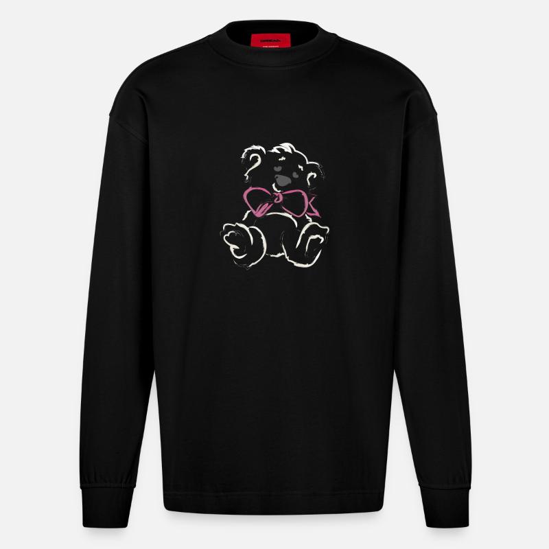 Teddybär Mädchen mit Schleife - Heavyweight Oversized Organic Langarmshirt Made in EU - SOLID BLACK