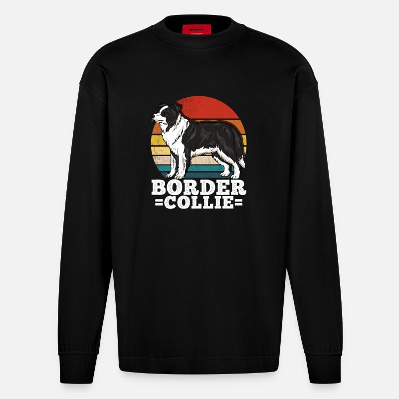 Border Collie Retro - Heavyweight Oversized Organic Langarmshirt Made in EU - SOLID BLACK