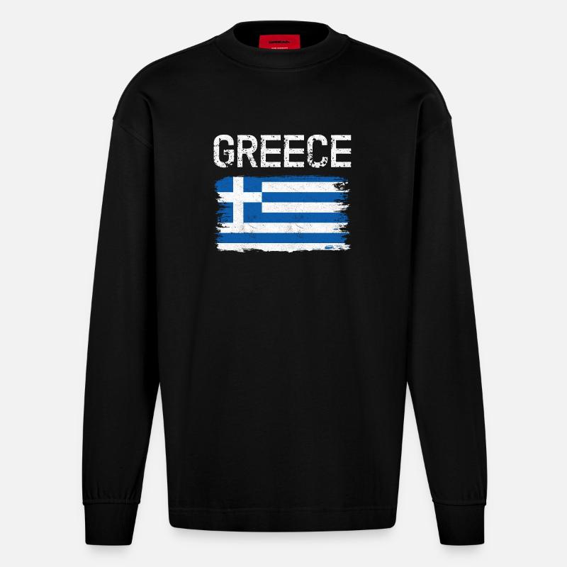 Graphique du drapeau grec vieilli - Manches longues bio épais oversize fabriqué en UE - SOLID BLACK