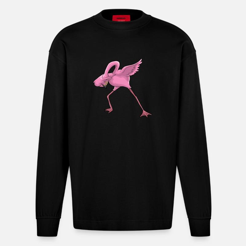 Flamingo Dabbing - Heavyweight Oversized Organic Langarmshirt Made in EU - SOLID BLACK