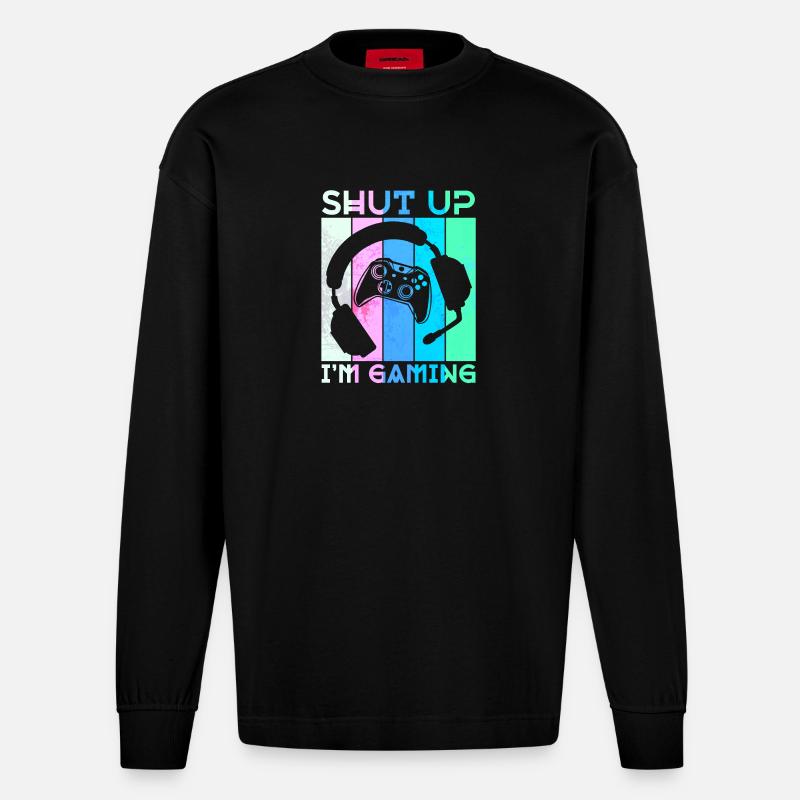 Gamer Headset Controller Statement Zocker - Heavyweight Oversized Organic Langarmshirt Made in EU - SOLID BLACK