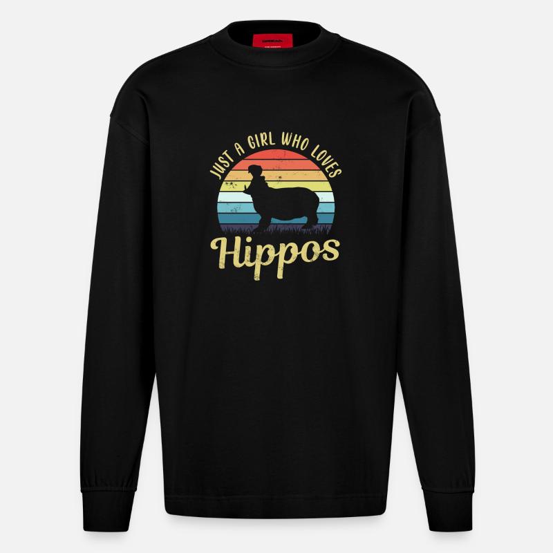 Nilpferd Flusspferd Hippo - Heavyweight Oversized Organic Langarmshirt Made in EU - SOLID BLACK