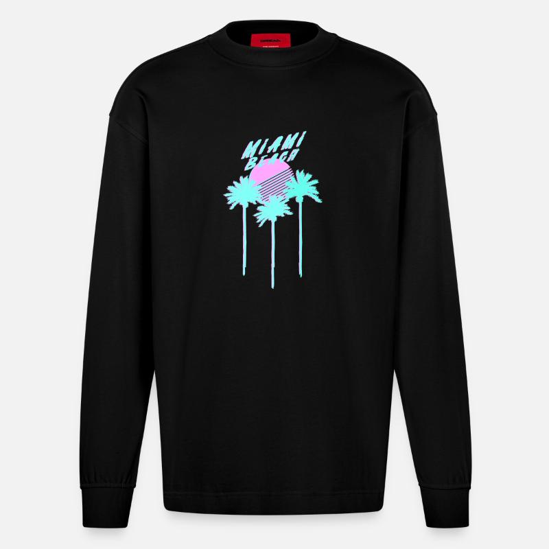 Miami Beach 80's Retro Palmen - Heavyweight Oversized Organic Langarmshirt Made in EU - SOLID BLACK