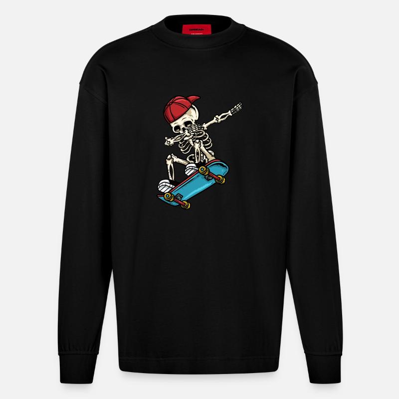Dabbing Skelett Skateboard - Heavyweight Oversized Organic Langarmshirt Made in EU - SOLID BLACK