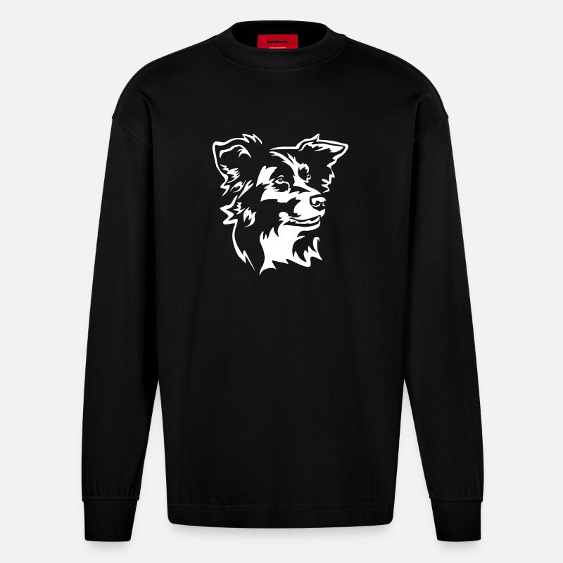 Border Collie Kopf "Black Edition" - Heavyweight Oversized Organic Langarmshirt Made in EU - SOLID BLACK