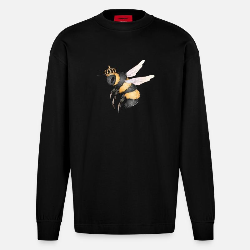 Zeichnung einer fliegenden Hummel mit Krone - Heavyweight Oversized Organic Langarmshirt Made in EU - SOLID BLACK