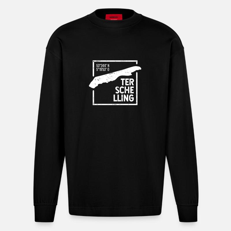 Terschelling | Insel-Silhouette Stempel-Design - Heavyweight Oversized Organic Langarmshirt Made in EU - SOLID BLACK