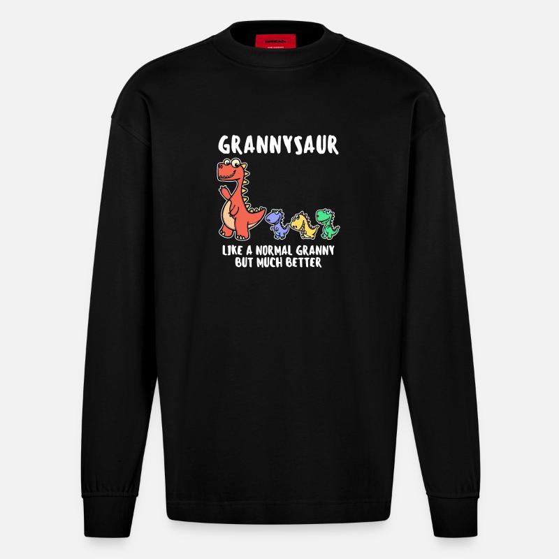 Oma Cool Statement Großmutter Dinosaurier - Heavyweight Oversized Organic Langarmshirt Made in EU - SOLID BLACK
