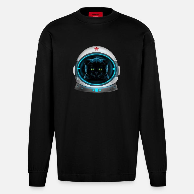 angry space cat astronaut - Heavyweight Oversized Organic Longsleeve Shirt Made in EU - SOLID BLACK
