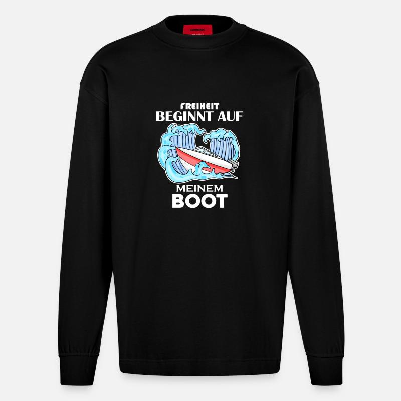 Motorboot Kapitän Boot Geschenk - Heavyweight Oversized Organic Langarmshirt Made in EU - SOLID BLACK