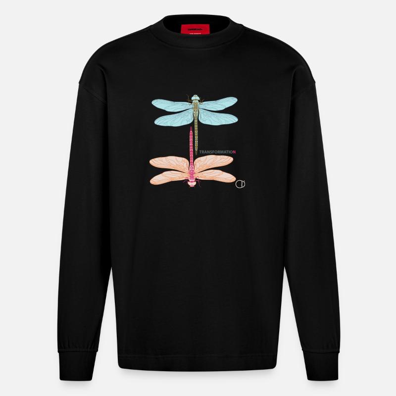 Libellules et transformation par CD - Manches longues bio épais oversize fabriqué en UE - SOLID BLACK