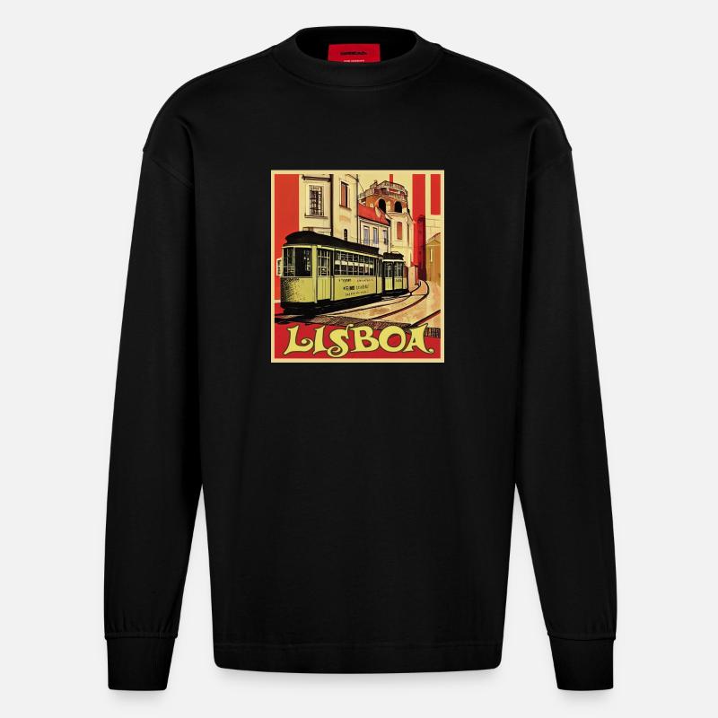 Tramway de Lisbonne - Manches longues bio épais oversize fabriqué en UE - SOLID BLACK