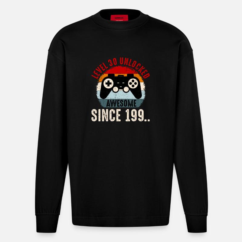 Level 30 Unlocked Retro Controller - Heavyweight Oversized Organic Longsleeve Shirt Made in EU - SOLID BLACK