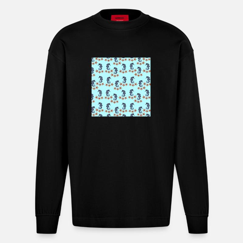 sommerkleidung tiermuster, Seepferdchenmuster - Heavyweight Oversized Organic Langarmshirt Made in EU - SOLID BLACK