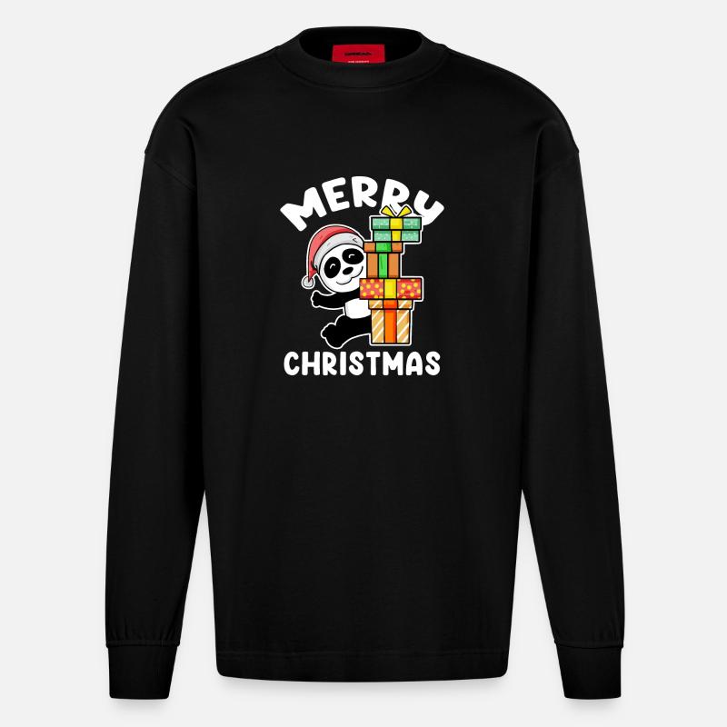 Joyeux panda de Noël - Manches longues bio épais oversize fabriqué en UE - SOLID BLACK