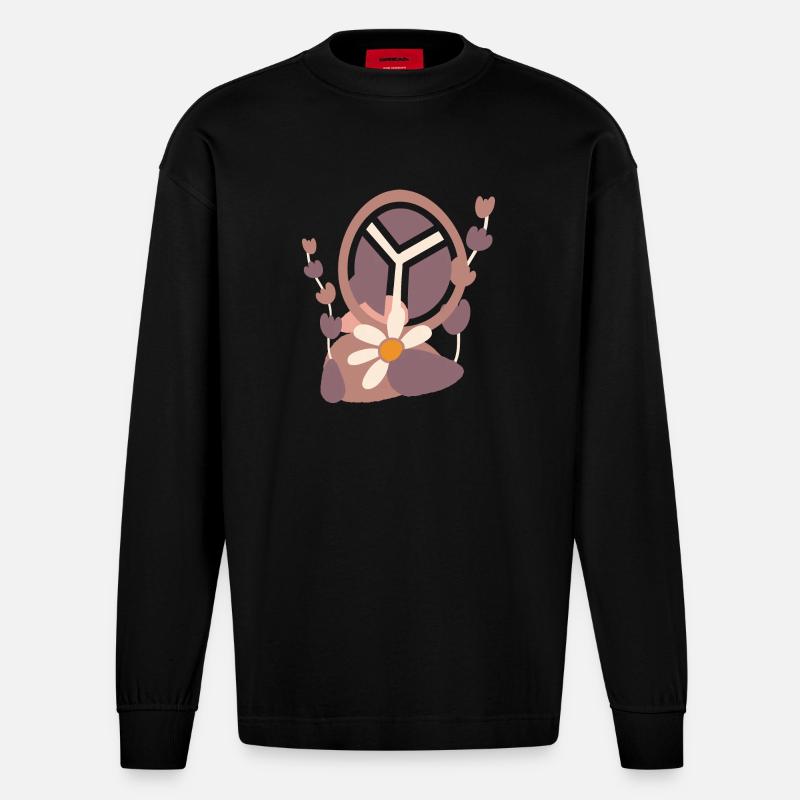 Friedenszeichen mit Blume - Heavyweight Oversized Organic Langarmshirt Made in EU - SOLID BLACK