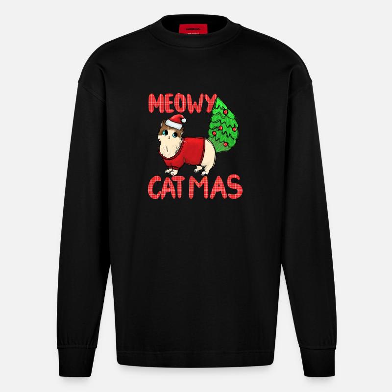 Pull de Noël Catmas Cat Meowy - Manches longues bio épais oversize fabriqué en UE - SOLID BLACK