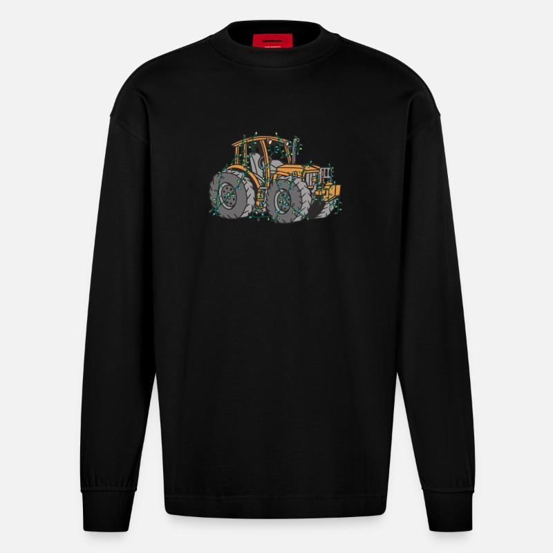 Tractor String Lights Farmer Christmas Gift - Heavyweight Oversized Organic Longsleeve Shirt Made in EU - SOLID BLACK