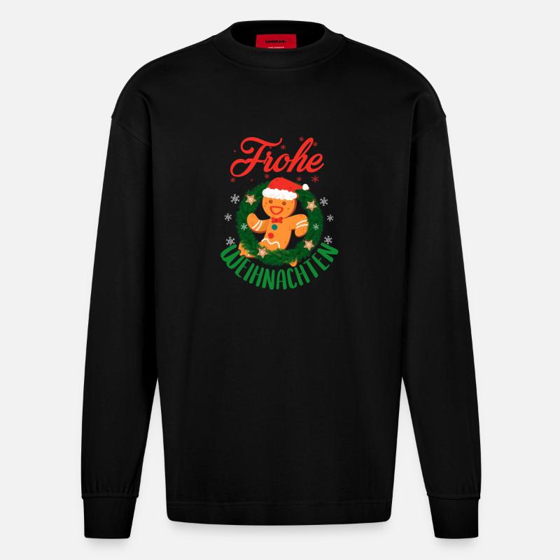 Fröhliche Weihnachten Lebkuchenmann Kranz - Heavyweight Oversized Organic Langarmshirt Made in EU - SOLID BLACK