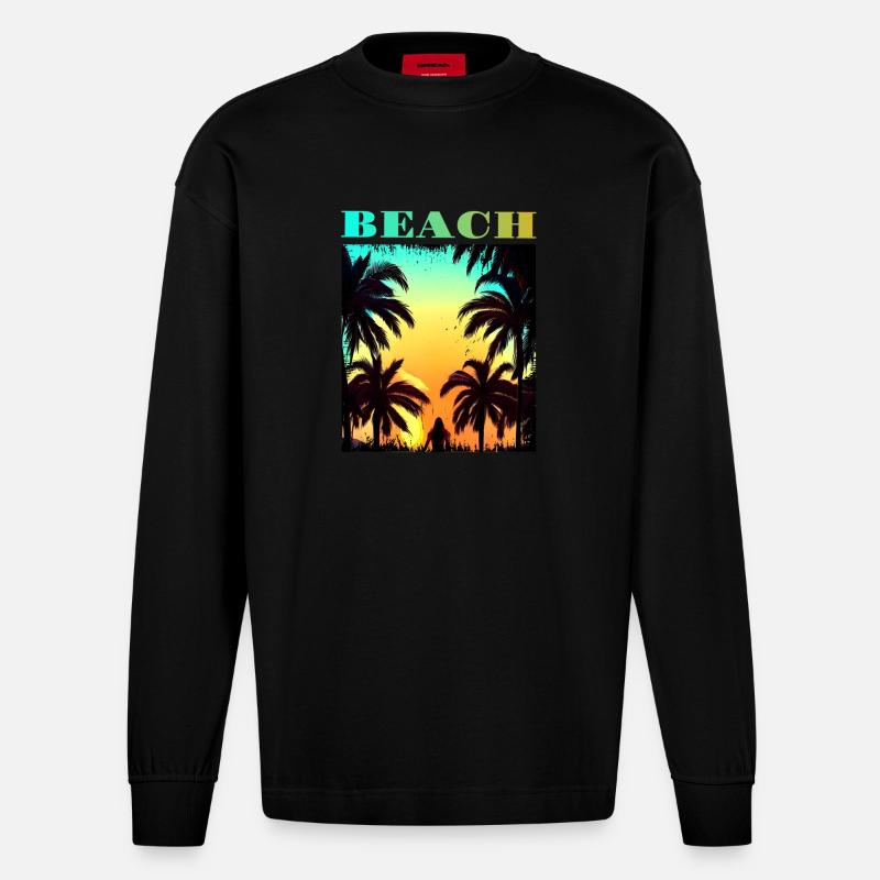 Plage de Palm Sunset - Manches longues bio épais oversize fabriqué en UE - SOLID BLACK