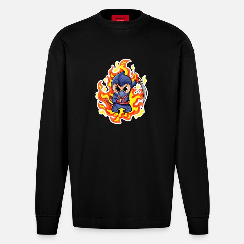 Ninja Rouge Feu - Manches longues bio épais oversize fabriqué en UE - SOLID BLACK