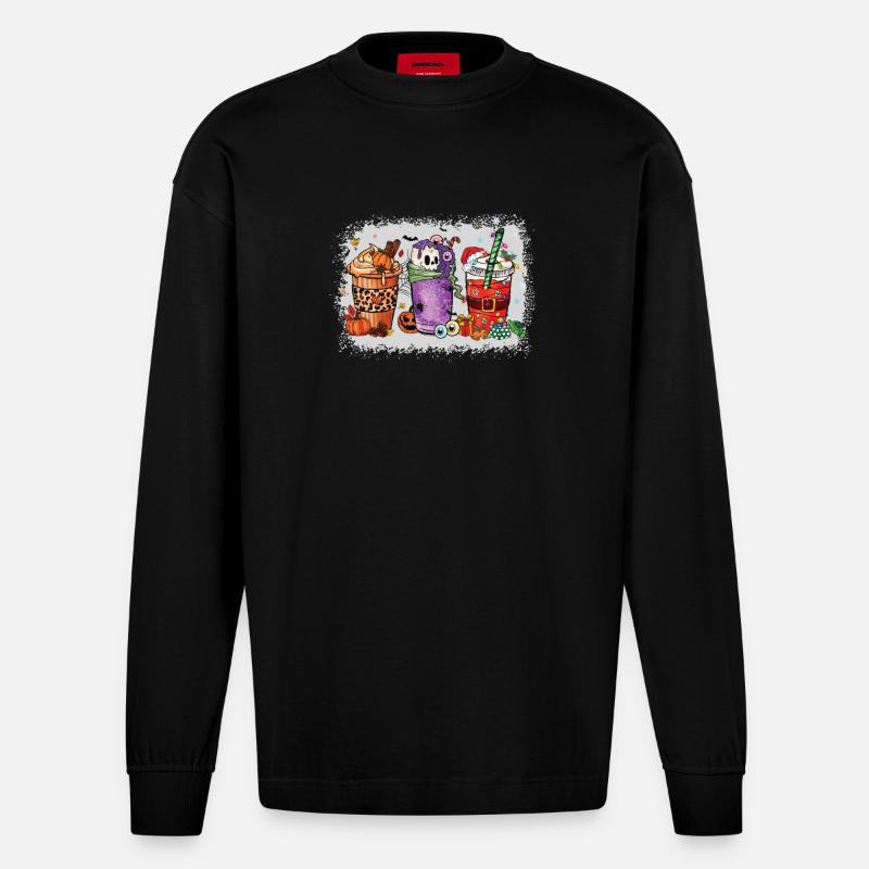 Coffee Cups Hallothanksmas Bleached - Heavyweight Oversized Organic Longsleeve Shirt Made in EU - SOLID BLACK