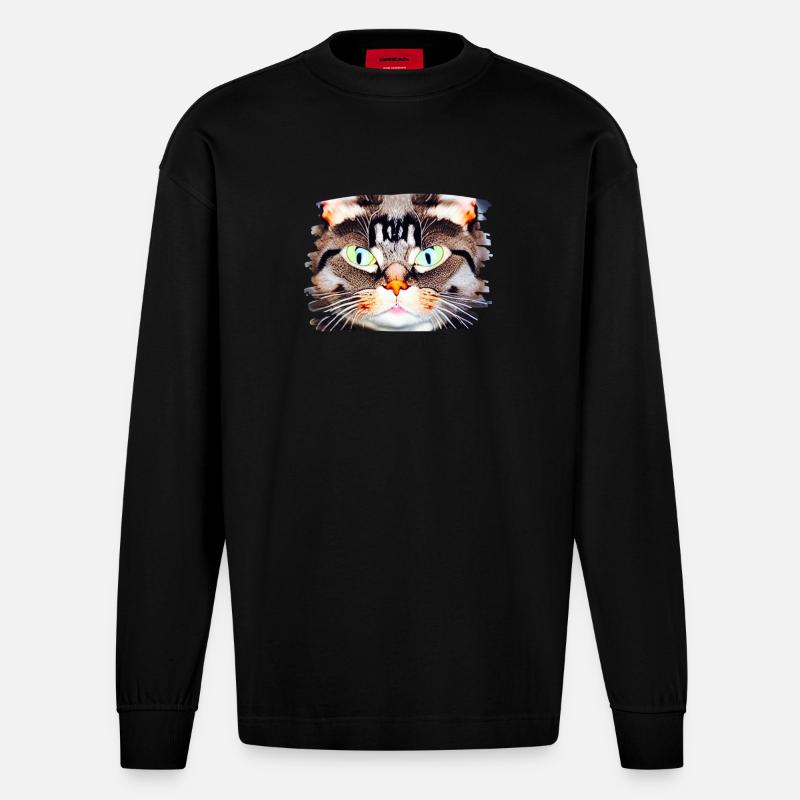 Neon Katzenblick Porträt - Heavyweight Oversized Organic Langarmshirt Made in EU - SOLID BLACK