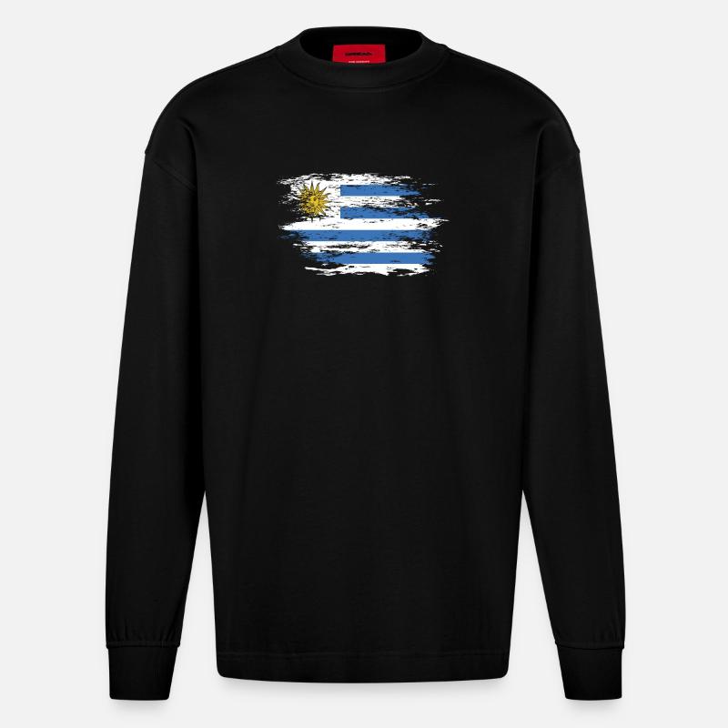 Drapeau uruguayen utilisé - Manches longues bio épais oversize fabriqué en UE - SOLID BLACK