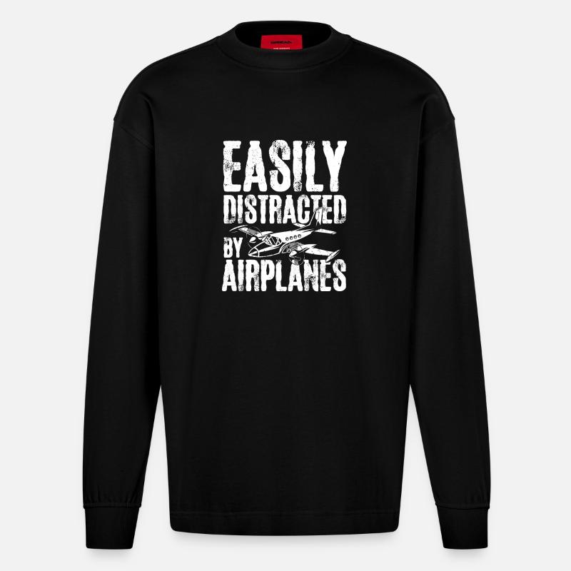 Easily distracted by airplanes - Heavyweight Oversized Organic Langarmshirt Made in EU - SOLID BLACK