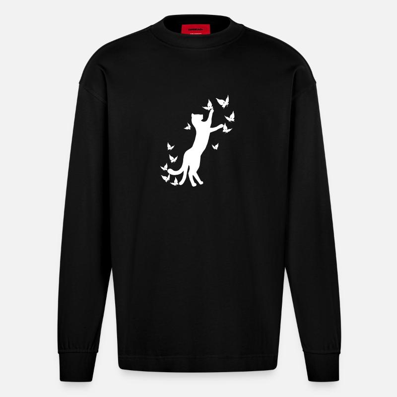 nekomata hell, Kätzchen, schmetterlinge - Heavyweight Oversized Organic Langarmshirt Made in EU - SOLID BLACK
