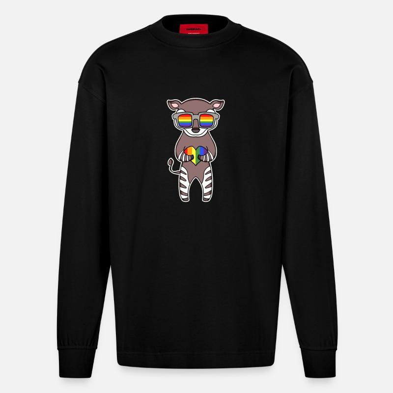 Arc-en-ciel - Okapi avec lunettes - Manches longues bio épais oversize fabriqué en UE - SOLID BLACK