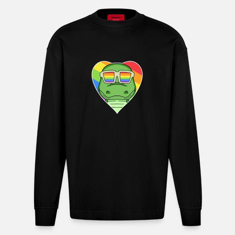 Regenbogen - Krokodil mit Brille - Heavyweight Oversized Organic Langarmshirt Made in EU - SOLID BLACK