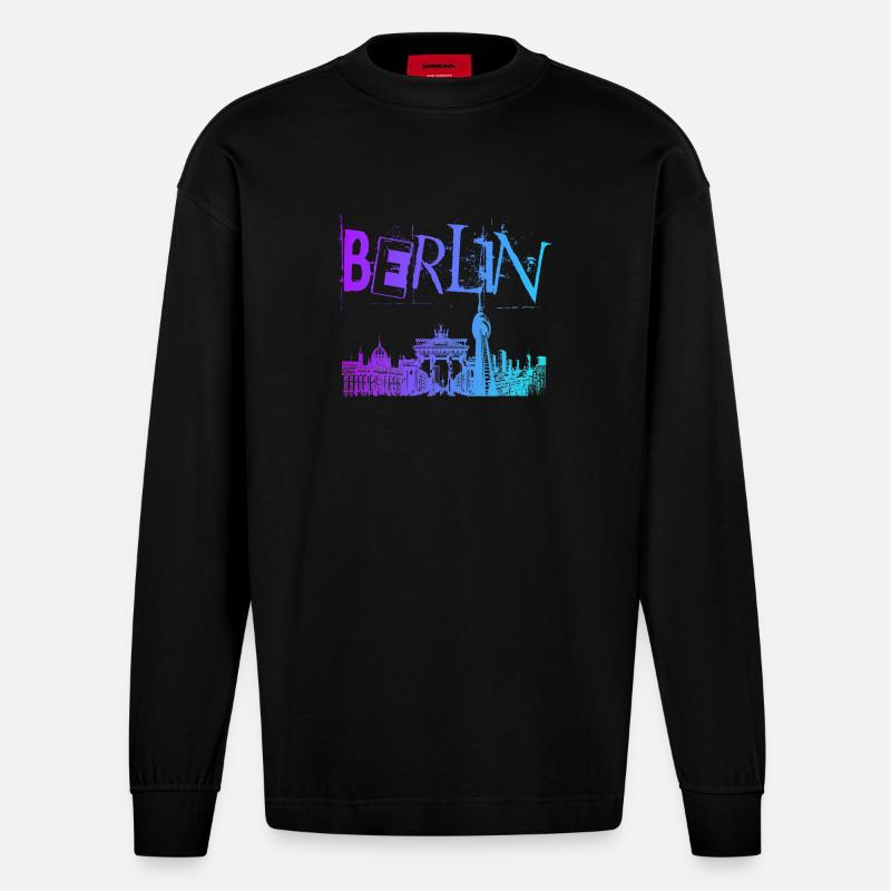 Berlin Skyline Panorama - Manches longues bio épais oversize fabriqué en UE - SOLID BLACK