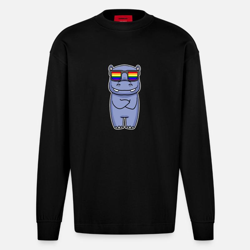 Regenbogen - Nilpferd mit Brille - Heavyweight Oversized Organic Langarmshirt Made in EU - SOLID BLACK
