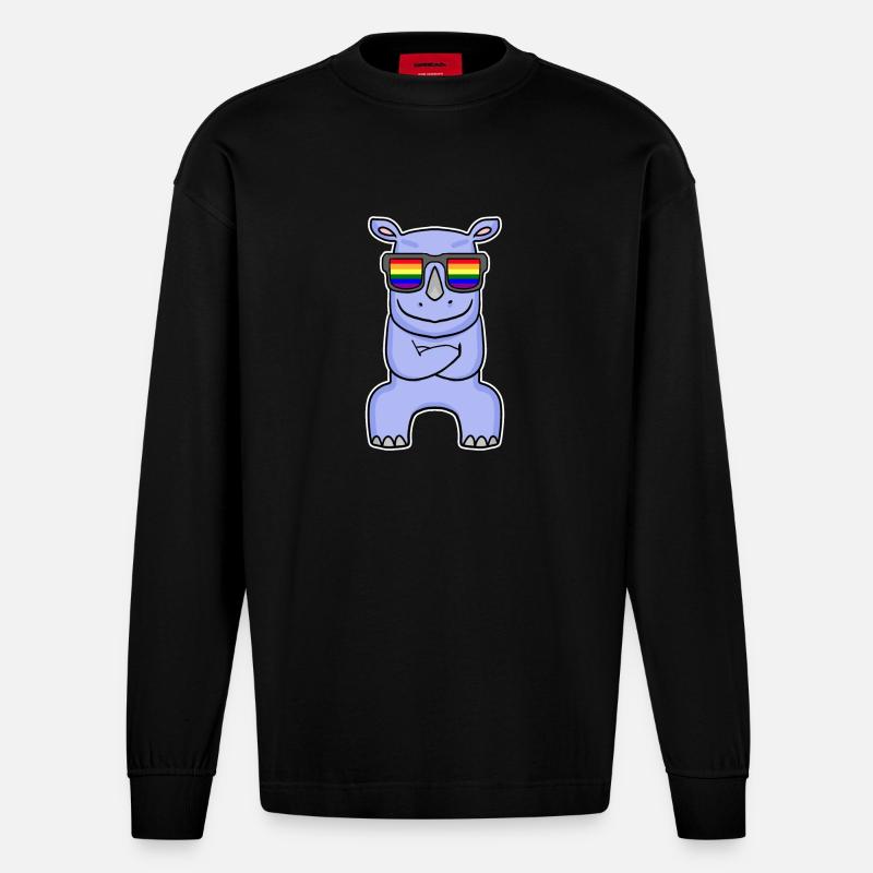 Regenbogen - Nashorn mit Brille - Heavyweight Oversized Organic Langarmshirt Made in EU - SOLID BLACK