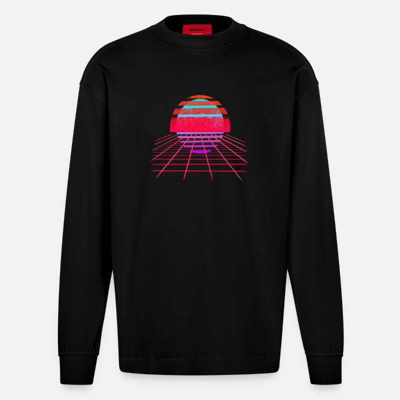 Retro Wave Sunset Vaporwave - Heavyweight Oversized Organic Langarmshirt Made in EU - SOLID BLACK