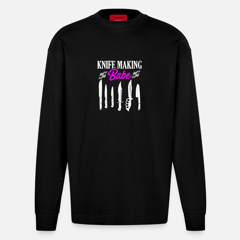 Knife Making Babe Messer Design - Heavyweight Oversized Organic Langarmshirt Made in EU - SOLID BLACK