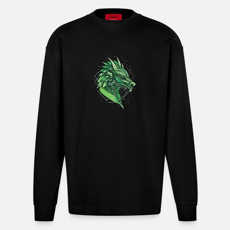 Stilisierter, geometrischer Drache - Heavyweight Oversized Organic Langarmshirt Made in EU - SOLID BLACK