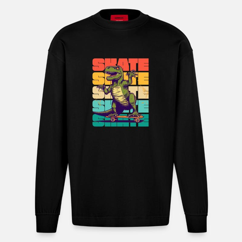 Skateboard Cool Skateboarder T Rex Dinosaur - Manches longues bio épais oversize fabriqué en UE - SOLID BLACK