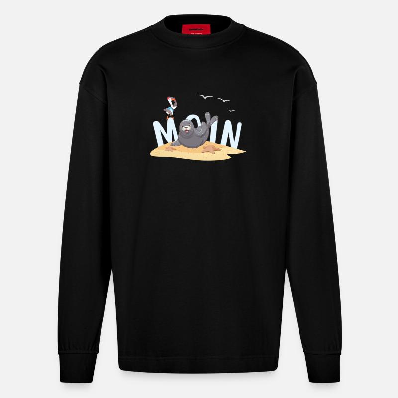 Moin Robbe Möwe Strand - Heavyweight Oversized Organic Langarmshirt Made in EU - SOLID BLACK