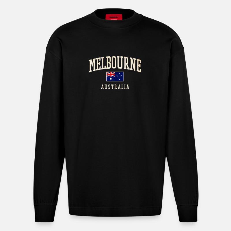 Melbourne, Australie, Design avec drapeau - Manches longues bio épais oversize fabriqué en UE - SOLID BLACK