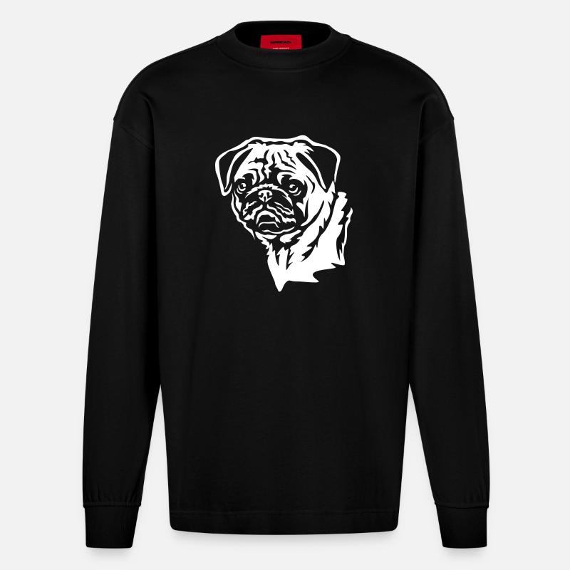 Mops Kopf "Black Edition" - Heavyweight Oversized Organic Langarmshirt Made in EU - SOLID BLACK